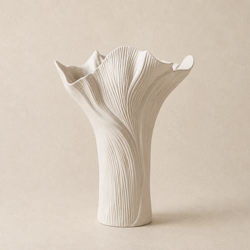 White ceramic vase with textured design on a beige background