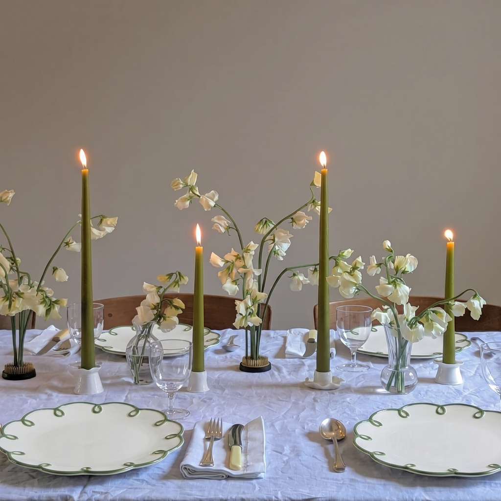 Elegant table setting with candles, flowers, and place settings on a white tablecloth.