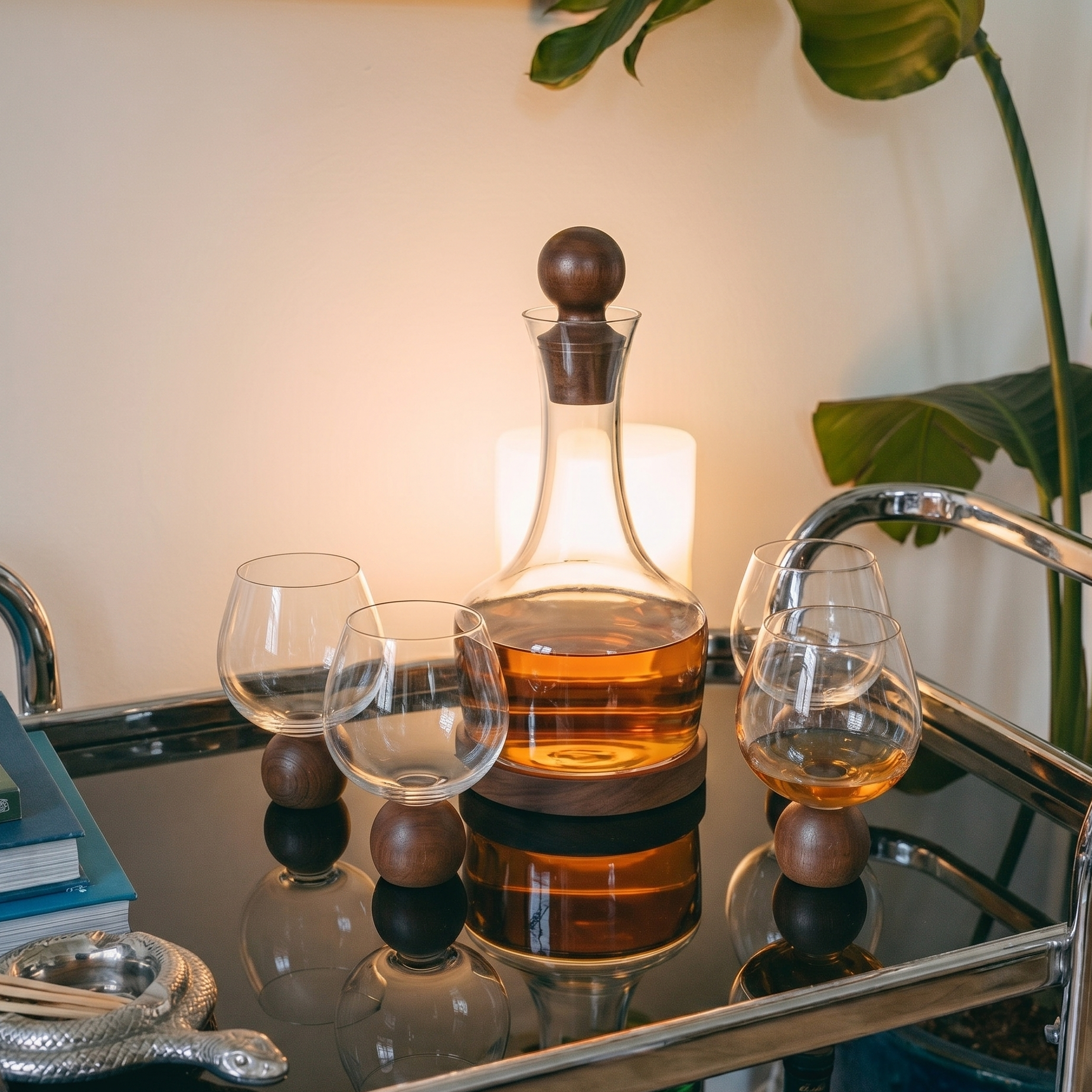 Bar cart with decanter and glasses on a reflective surface, plants in the background